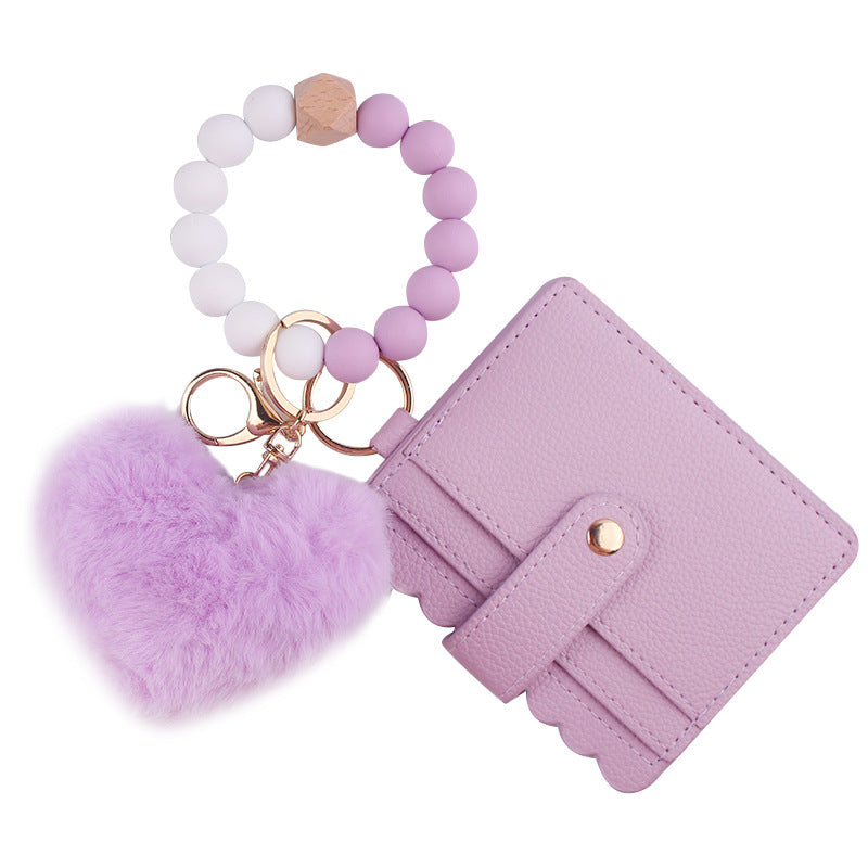 Wholesale Heart Shape Fur Ball Card Holder Silicone Beaded Wrist Keychain